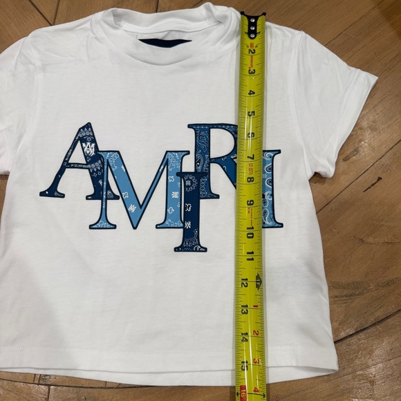 AMIRI Kids White Tee with Blue Patterned Staggered Logo size 4 - Picture 10 of 11